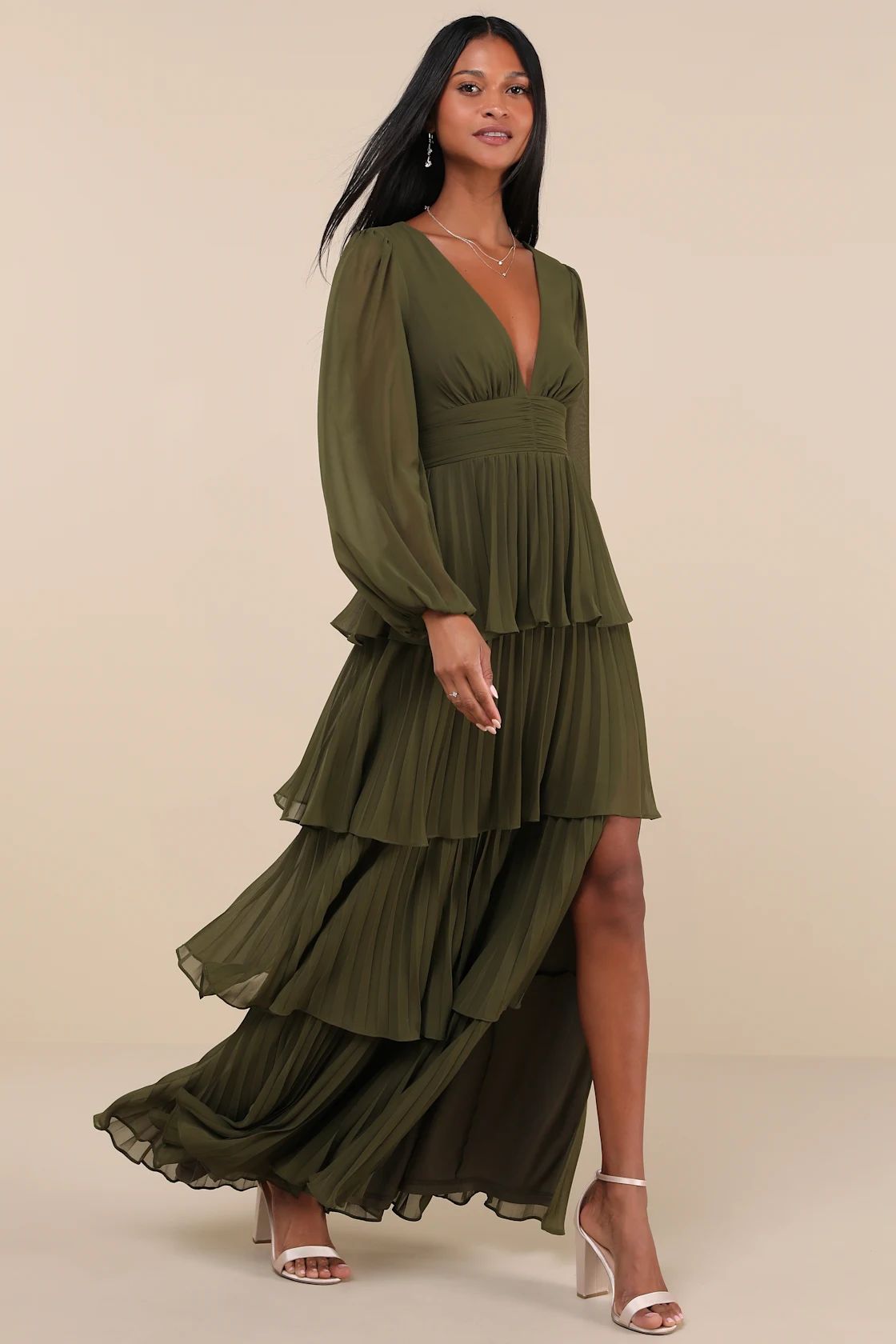 Graceful Finesse Olive Green Pleated Long Sleeve Maxi Dress | Lulus