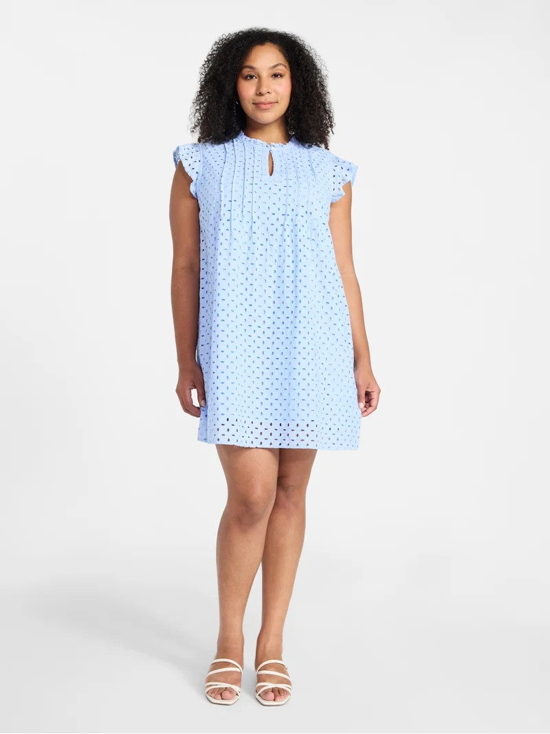 Time and Tru Women's Cotton Eyelet Mini Dress with Flutter Sleeves, Sizes XS-XXXL | Walmart (US)
