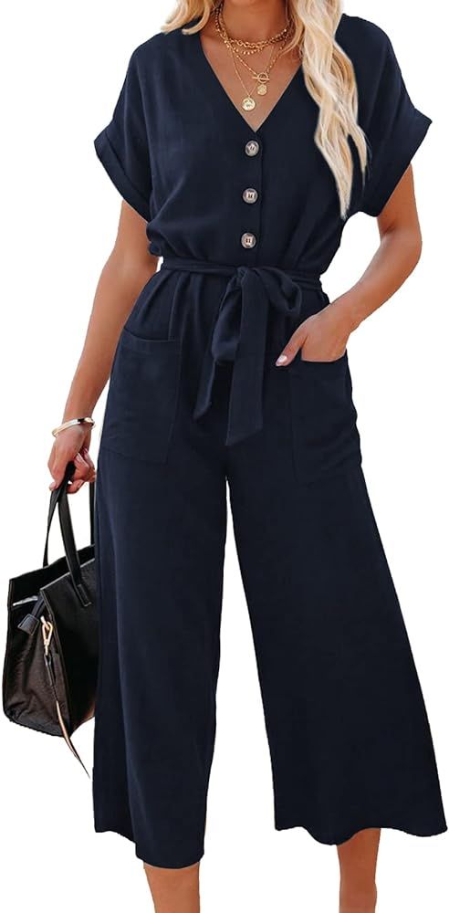 Acelitt Womens Short Sleeve V Neck Button Belted Wide Leg Jumpsuits with Pockets, S-XXL | Amazon (US)