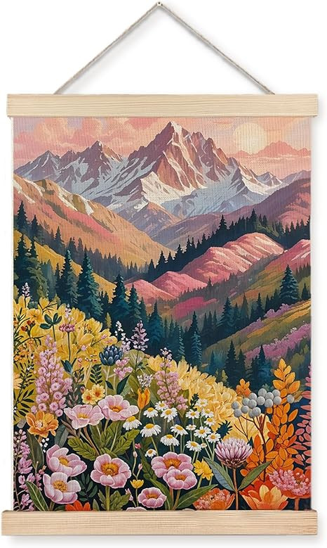 JINYO Boho Floral Mountain Landscape Wall Art Poster, Forest Mountain Wall Decor, Colorful Spring... | Amazon (US)