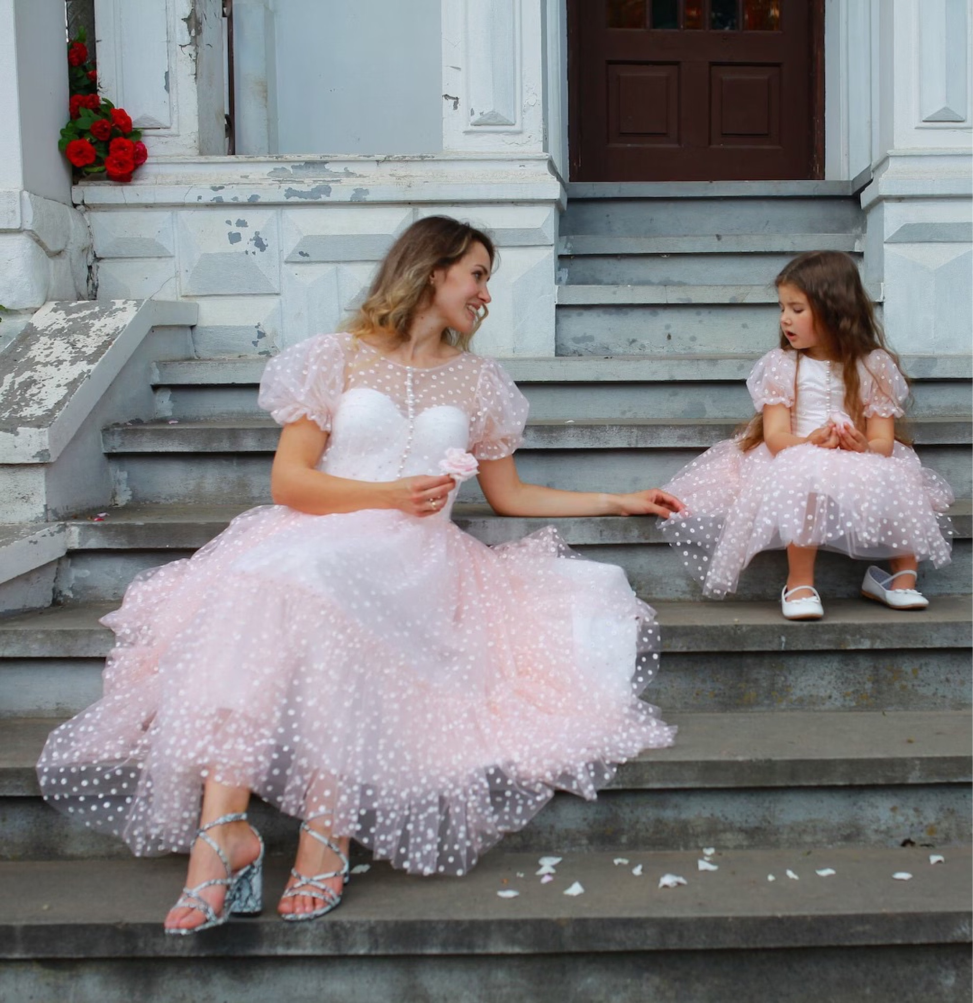 strapless open back dress Shop Pink Mother Daughter Matching Dresses Girls Tutu Dress, Full Skirt, Party Lace Dress, Birthday First Communion Strapless Dress Mommy and Me - main image 0