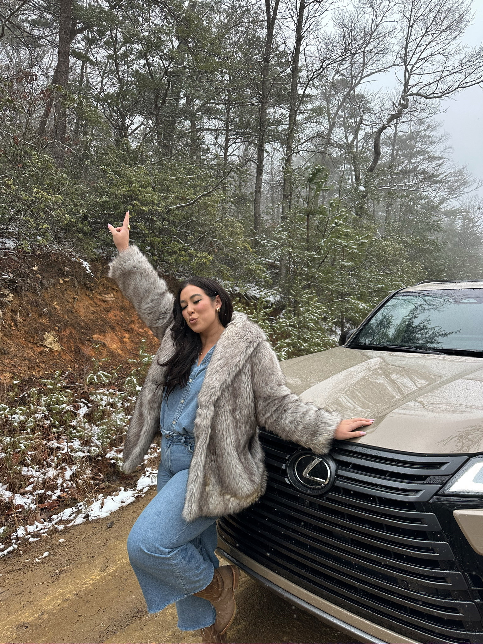 Denim on denim outfit! Size XL top and size 33 jeans!

Winter outfit, fur coat, faux fur jacket, fall outfit, midsize outfit, size 14