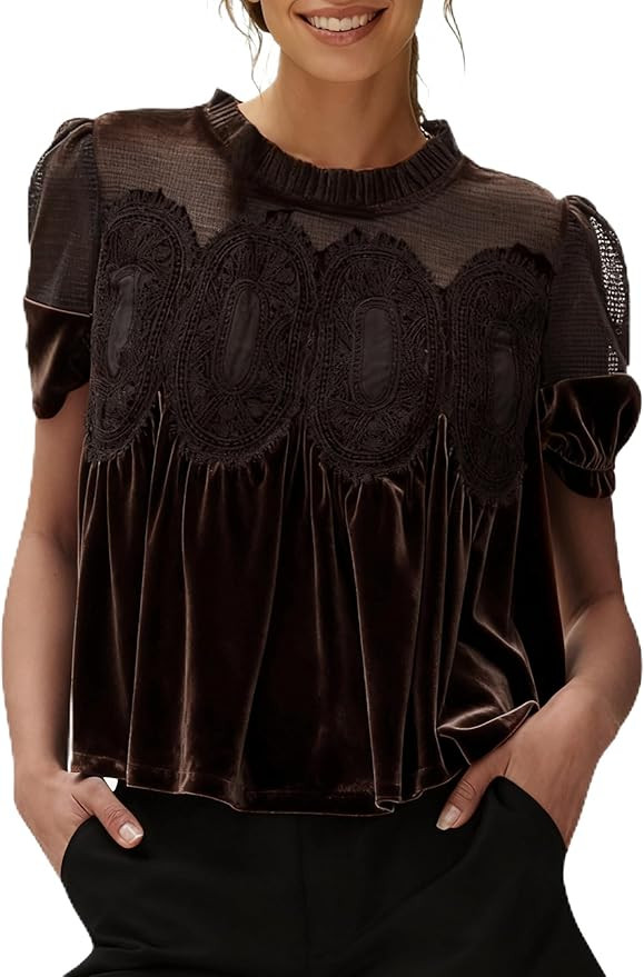 Gozoloma Women's Velvet Lace Blouse Casual Round Neck Short Sleeve Flared Swing Top Elegant Loose... | Amazon (US)