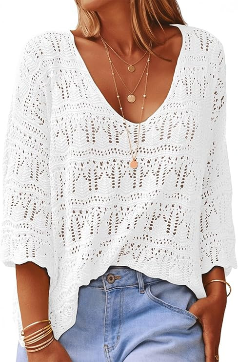 UNCLECAT Womens Crochet Boho Tops Summer 3/4 Sleeve Lightweight Cover Up Sweater Cruise Outfits 2... | Amazon (US)