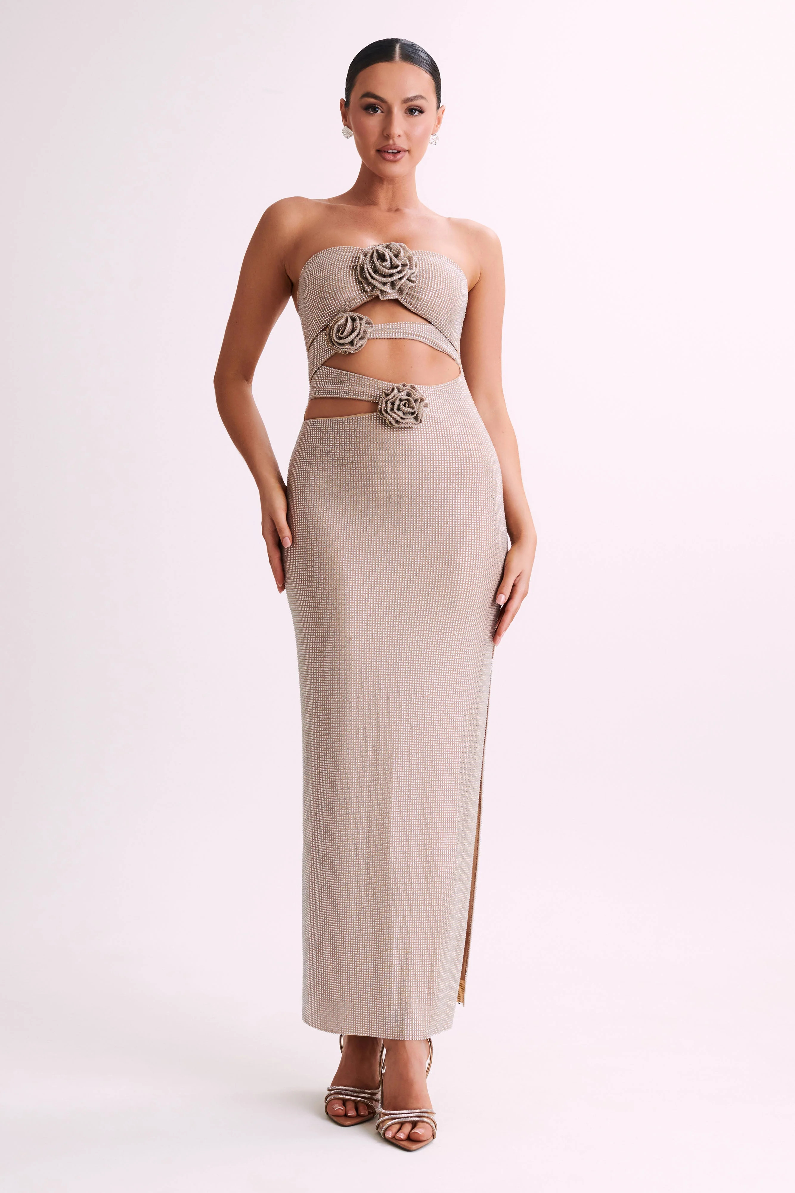 Stassie Strapless Rose Diamante Maxi Dress - Nude | MESHKI US