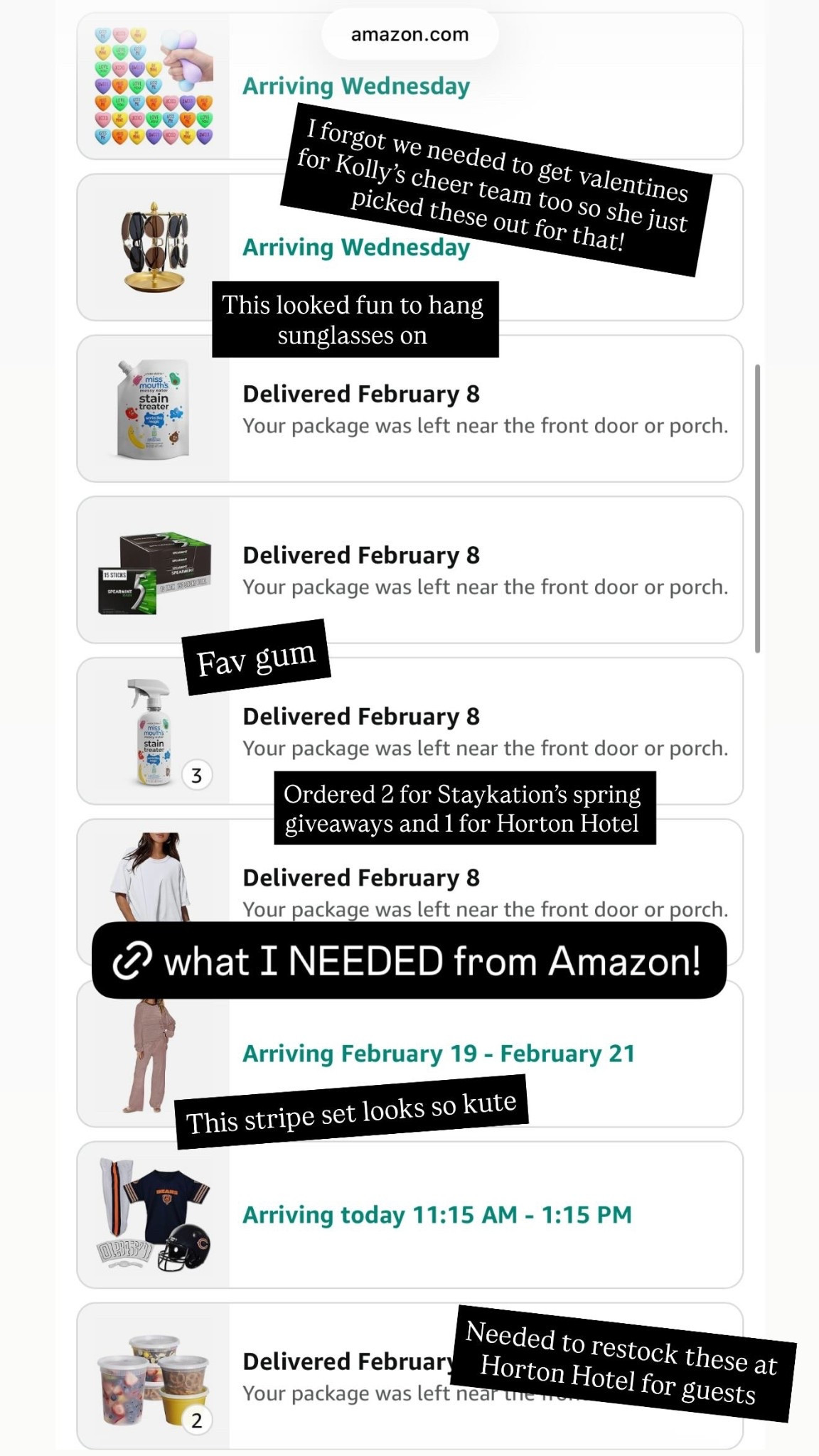 I forgot we needed to get valentines for Kolly’s cheer team too so she just picked these out for that! Fav gum Ordered 2 for Staykation’s spring giveaways and 1 for Horton Hotel This stripe set looks so kute Needed to restock these at Horton Hotel for guests This looked fun to hang sunglasses on