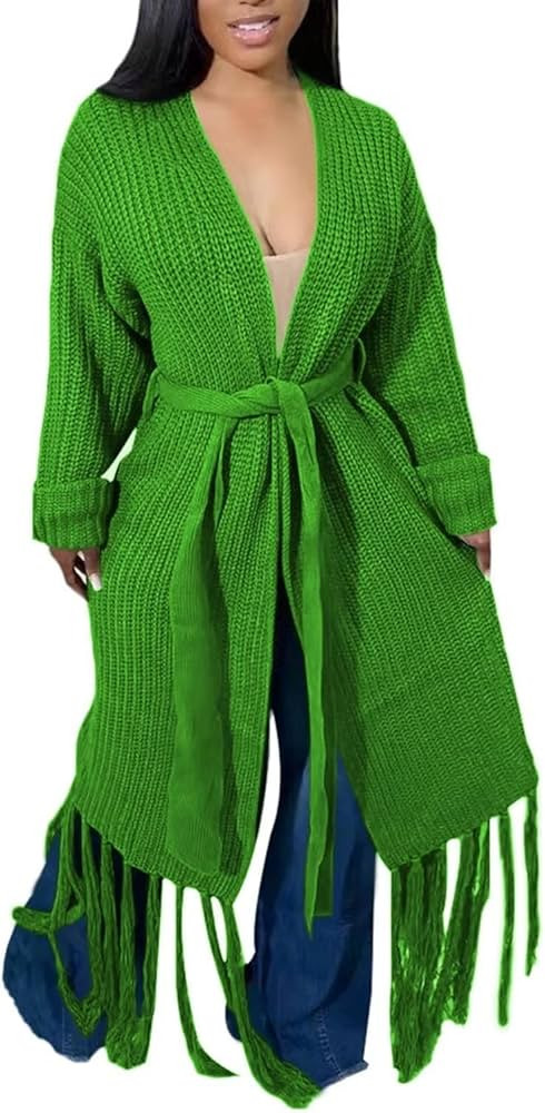 Ecirod Womens Fringe Long Open Front Cardigan Sweater Crochet Maxi Tassel Knitted Sweaters Coat | Amazon (US)