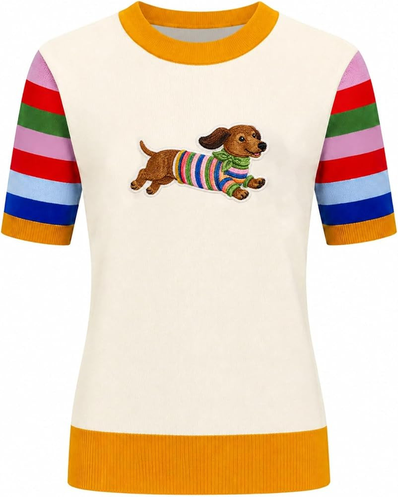 OXKNIT Women's Knit Short Sleeve T-Shirt Retro Colorful Stripes and Embroidered Dog Pattern Crewn... | Amazon (US)
