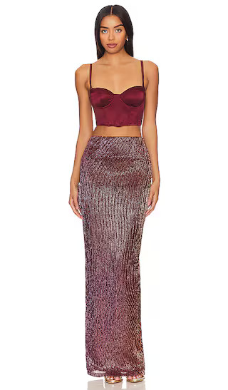 Micah Skirt in Rouge Red Maxi Skirt Outfit Long Sequin Skirt Outfit Red Top Red Bustier Top Outfit | Revolve Clothing (Global)