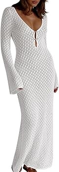 Saodimallsu Womens Crochet Maxi Cover Up Dress Beach Swim Vacation Coverups Long Sleeve Sexy Body... | Amazon (US)