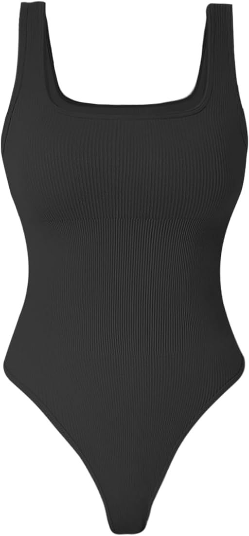 TDIFFUN Womens Shapewear Bodysuit Tummy Control Thong Body Shaper Seamless Ribbed Square Neck Jum... | Amazon (US)