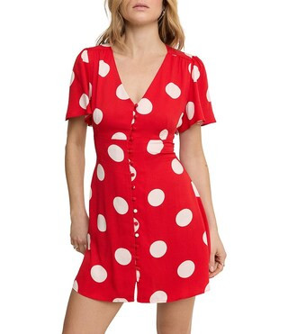 Nobody's Child Andie Red Polka Dot V-Neck Flutter Sleeve Button Front Dress - 2 | Dillard's