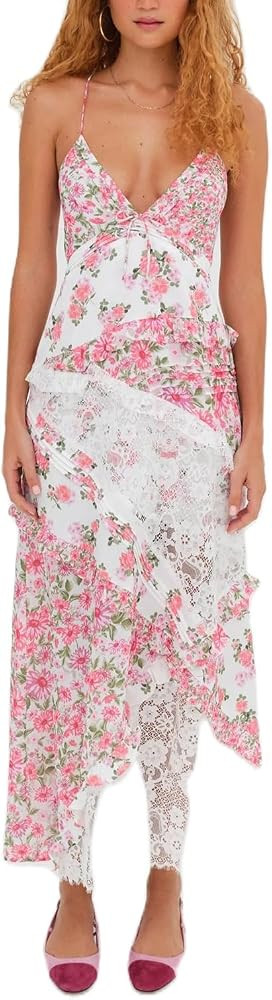 Women Boho Patchwork Maxi Dress Y2k Sleeveless Spaghetti Strap Backless Long Dress Floral Beach V... | Amazon (US)