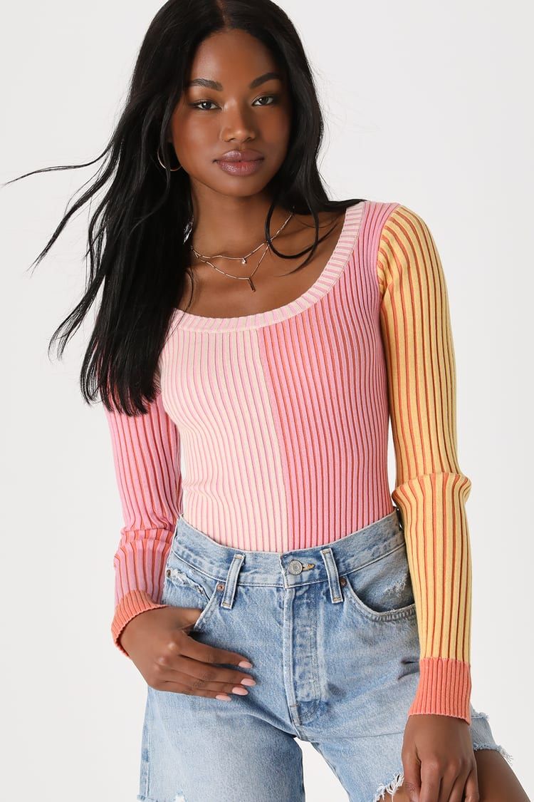 Mod Cutie Pink Color Block Ribbed Long Sleeve Bodysuit | Lulus (US)