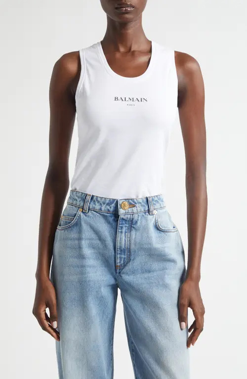 Balmain Logo Graphic Tank in White/Black at Nordstrom, Size Large | Nordstrom