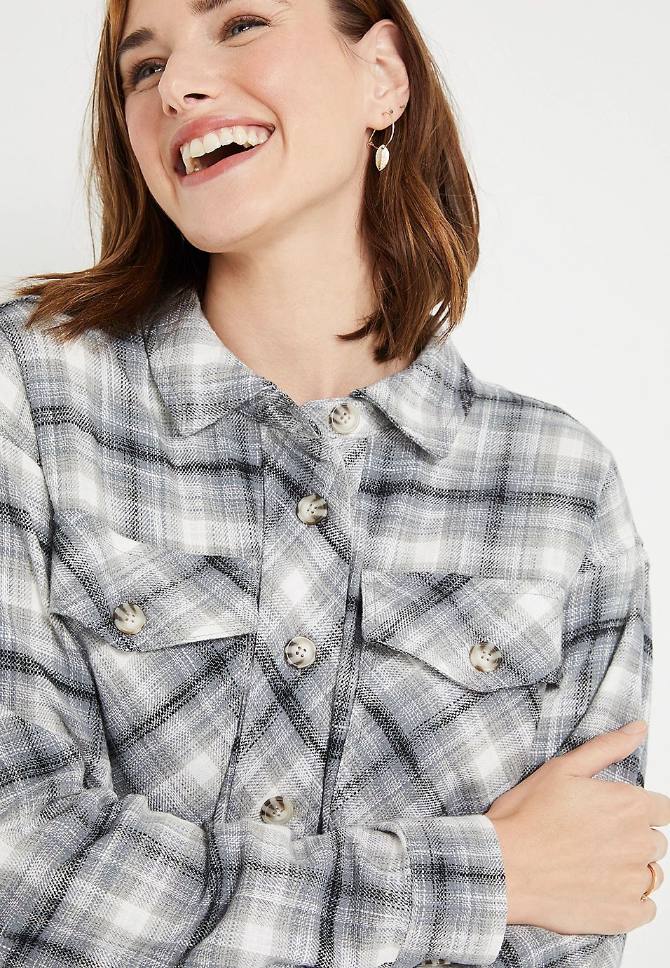 Gray Plaid Cropped Flannel Shacket | Maurices