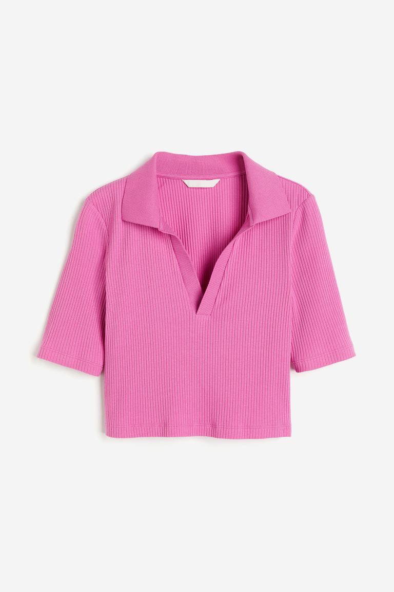 Ribbed Top with Collar - Pink - Ladies | H&M US | H&M (US + CA)