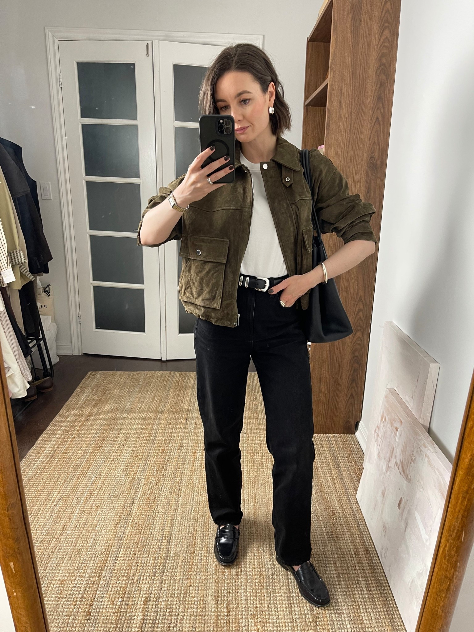 Sued jacket (xs), black straight leg jeans, black loafers

#LTKSeasonal #LTKStyleTip