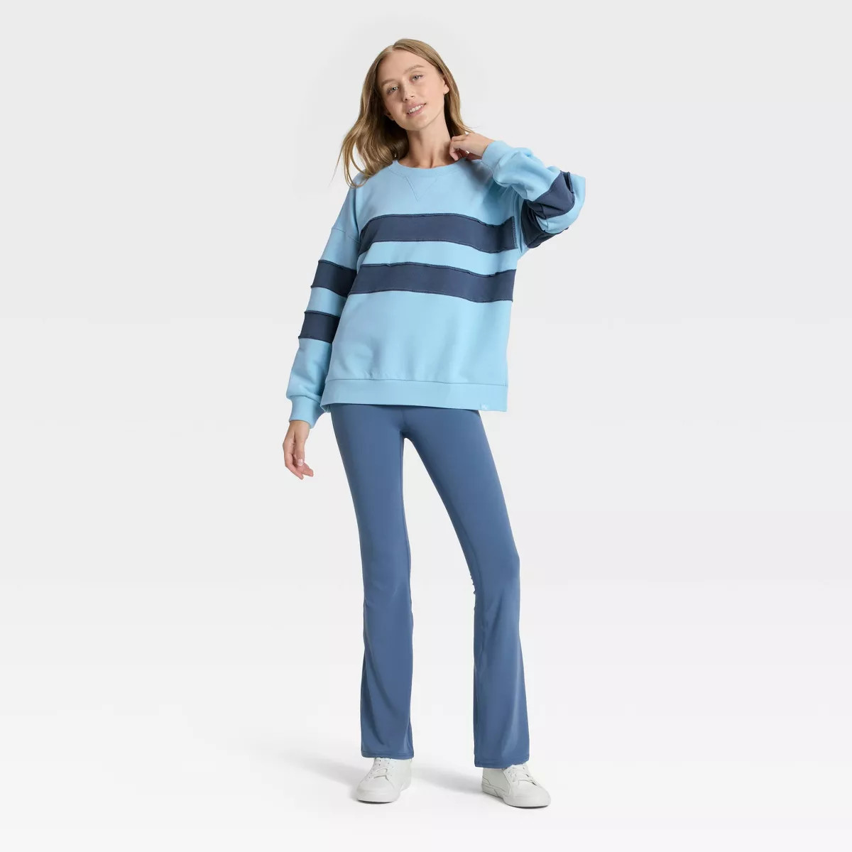 Women's Striped Oversized French Terry Crewneck Sweatshirt - JoyLab™ Light Blue/Navy L | Target