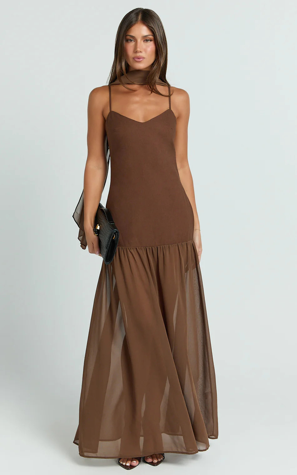 Calvin Maxi Dress - Linen Look Contrast Georgette Skirt with Neck Scarf in Chocolate | Showpo (US, UK & Europe)
