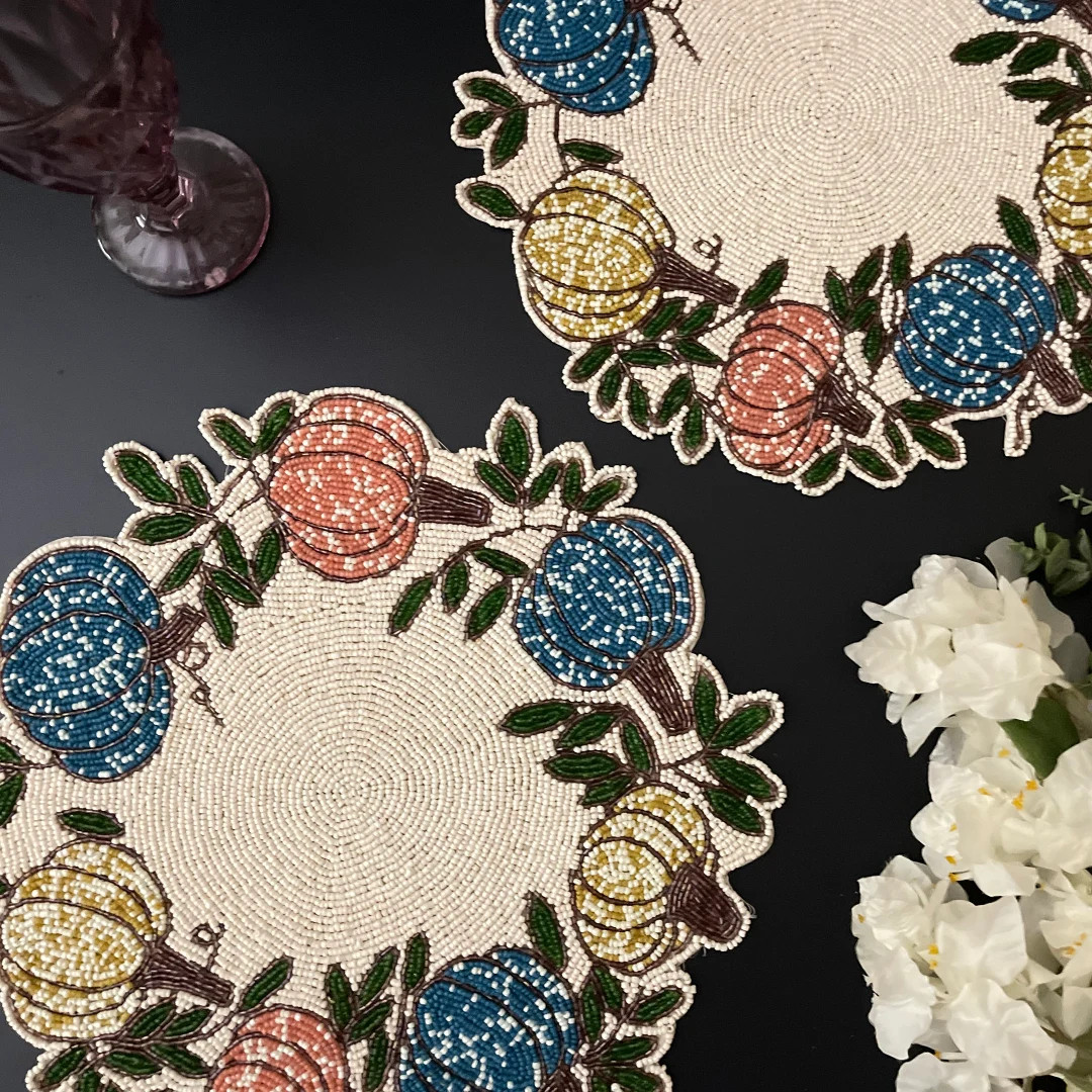 Set of 6, Handmade pumpkin harvest beaded placemat, bead charger, table mat | Etsy (US)