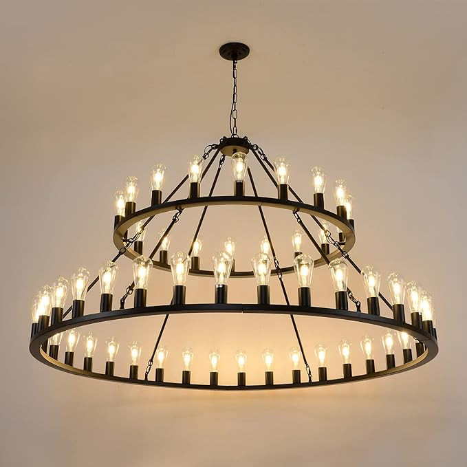 WOGON WEEL Wagon Wheel Chandelier 2 Tier 54-Light 60-inch, Farmhouse Industrial Chandelier Black ... | Amazon (US)