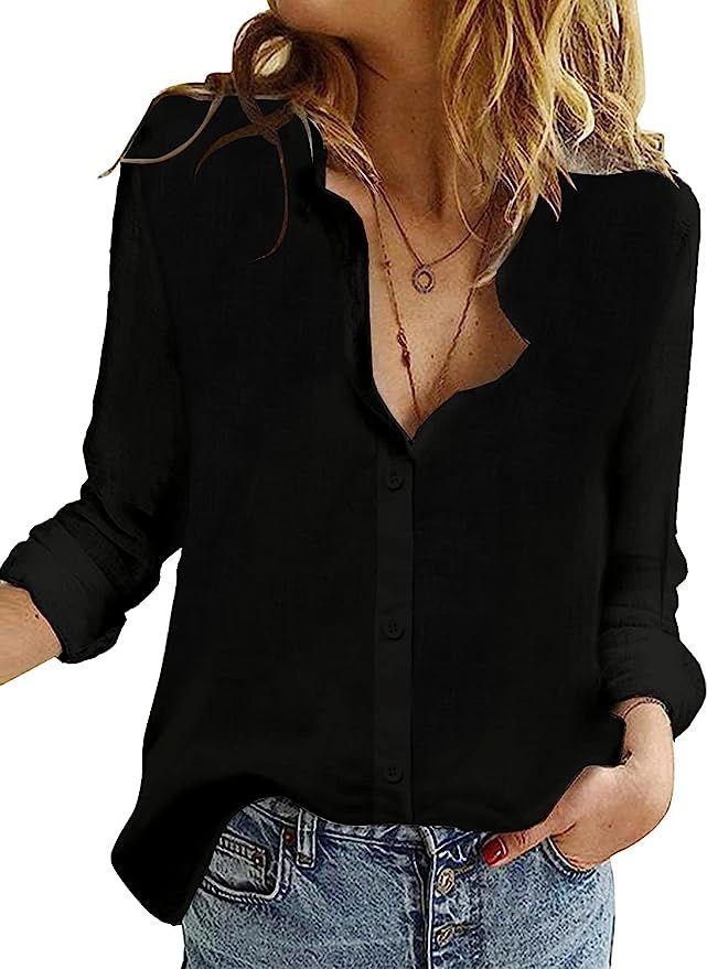 SAOVERE Womens V Neck Button Down Linen Shirts Long Sleeve Blouses Roll Up Casual Work Plain Soli... | Amazon (US)