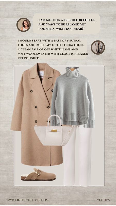 What to wear to a coffee date with an old friend.

Start with neutral base such as beige, white, black or navy
Add texture, such as a suede or corduroy jacket
Accessorize with a scarf or statement jewelry
Incorporate a pop of color with a handbag or shoes
Choose comfortable and casual footwear, such as sneakers or loafers
Experiment with layering, such as a sweater or denim shirt
Finish the look with natural makeup and minimal accessories
Consider adding a hat or sunglasses for a stylish touch
Play with proportions, such as tucking in a blouse or rolling up sleeves
Have fun and be confident!




"Helping You Feel Chic, Comfortable and Confident." -Lindsey Denver 🏔️ 

Minimalist fashion, simple clothing, mid-sized, minimal style, elegant, timeless, sophisticated," comfortable, stylish


#LTKFind #LTKunder100 #LTKstyletip