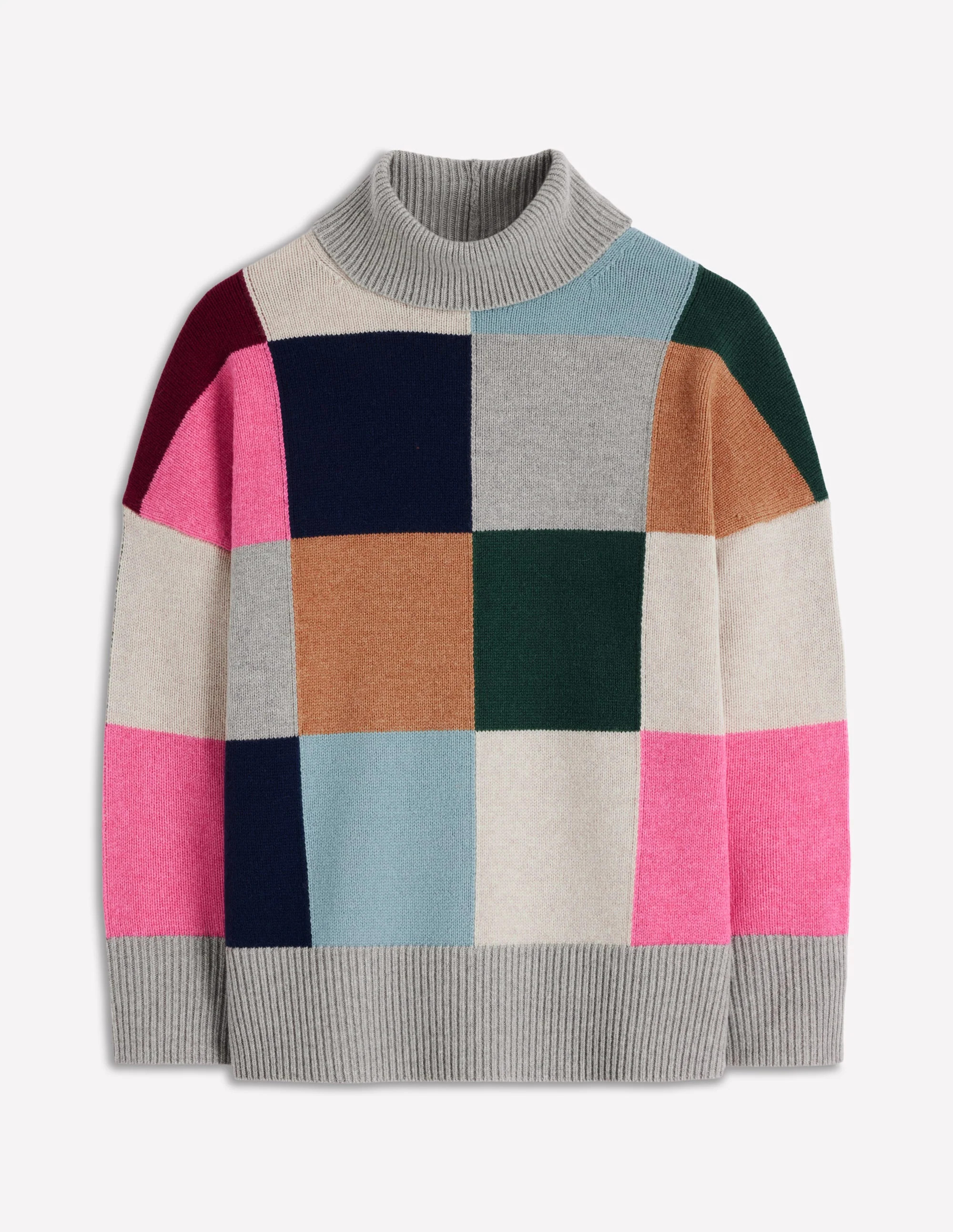 Polly Merino-Rollkragenpullover-Blaugrau Meliert mit Karos | Boden DE