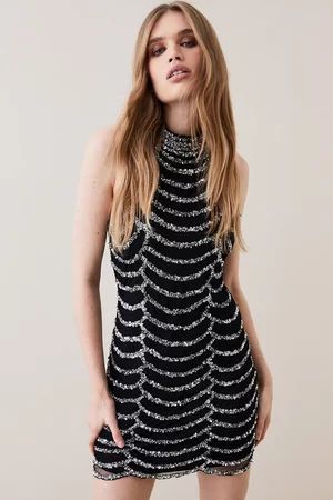 Draped Beaded High Neck Mini Dress | Karen Millen UK + IE + DE + NL