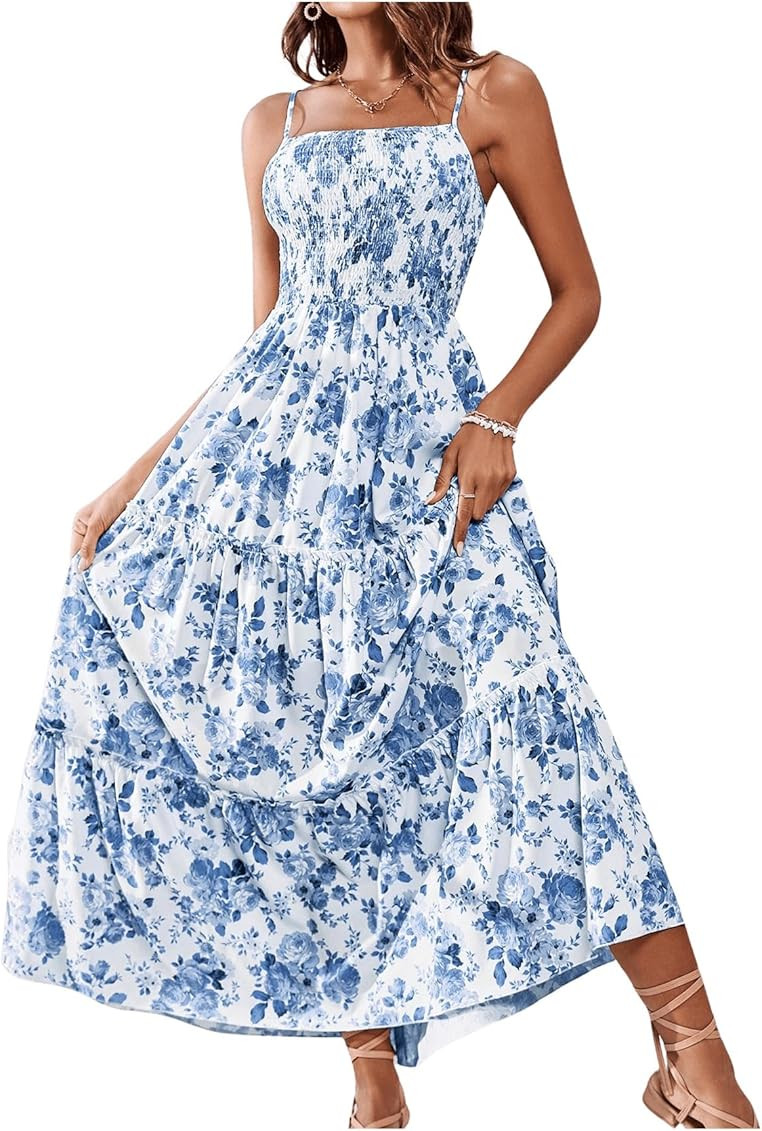 Women's Floral Print Spaghetti Strap Cami Dress Sleeveless Ruffle Hem Shirred Maxi Dresses Summer... | Amazon (US)