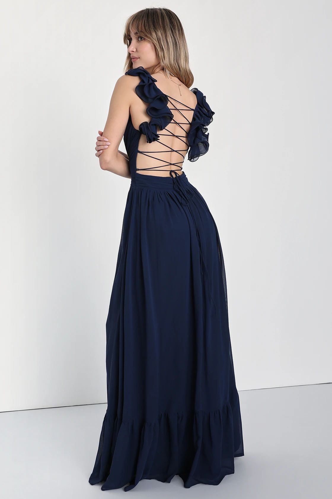 Soiree Celebration Navy Blue Ruffled Lace-Up Maxi Dress | Lulus (US)