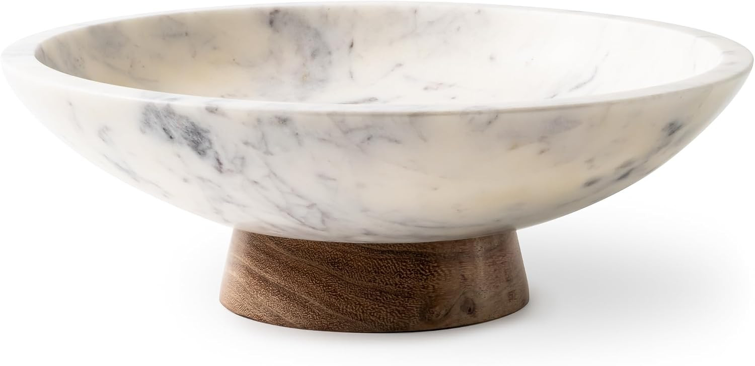Cork & Mill Marble Decorative Bowl for Home Decor - Handcrafted Natural Stone with Acacia Wood Pedestal - Versatile 11" Catch All for Entryway, Kitchen Fruit Bowl, Potpourri, Dining Table Centerpiece | Amazon (US)