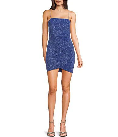 Midnight Doll Metallic Glitter Knit Tulip Hem Rhinestone Strap Mini Dress - M | Dillard's