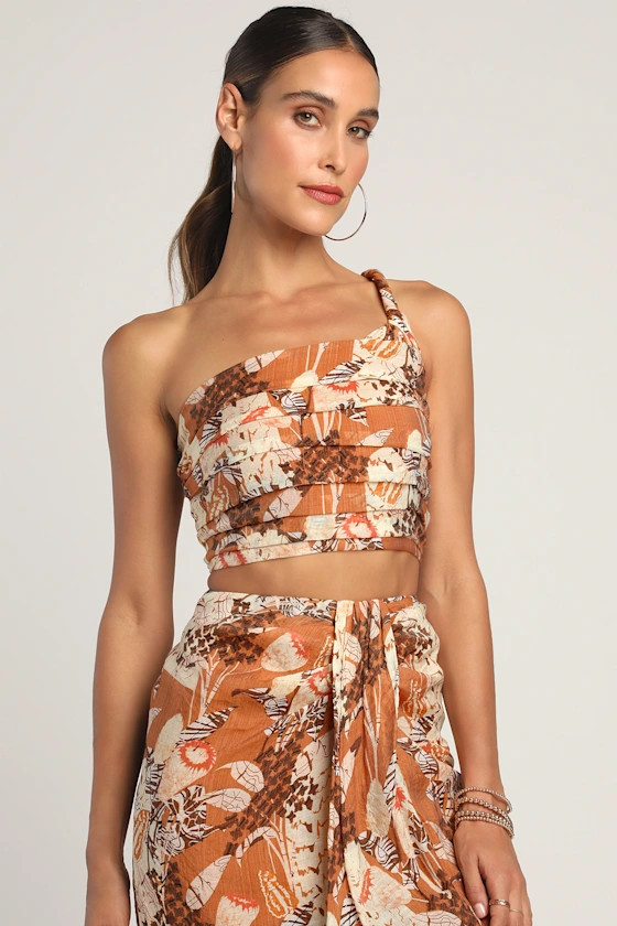 Something Wild Brown Multi Print Pleated One-Shoulder Crop Top | Lulus