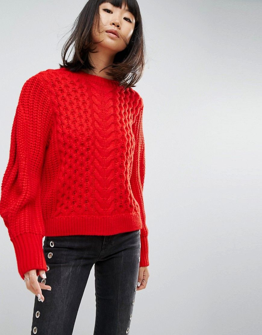 ASOS Sweater in Cable with Volume Sleeve - Red | ASOS US