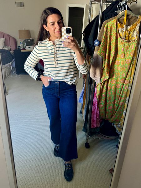 Saturday outfit featuring sezane and wide leg jeans! Size down in the denim!

#LTKstyletip