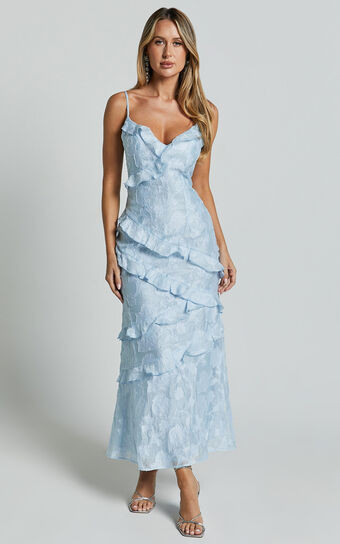 Michaela Midi Dress - Jacquard Ruffle Detail Tiered Dress in Light Blue | Showpo (US, UK & Europe)