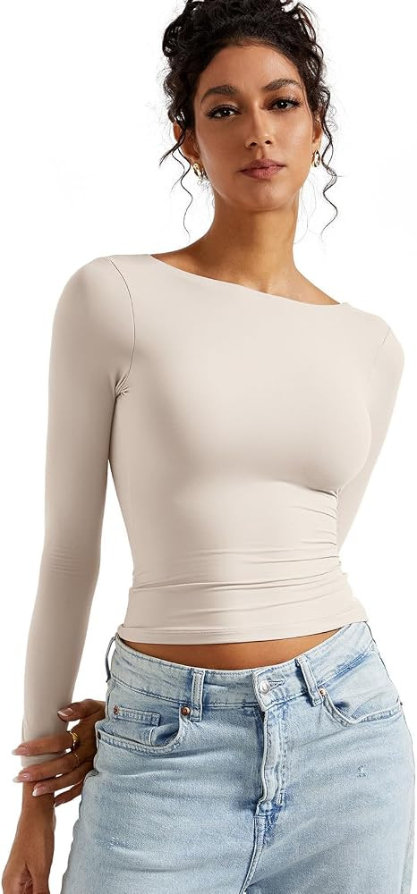 SUUKSESS Women Backless Going Out Tops Double Lined Open Back Basic Long Sleeve | Amazon (US)