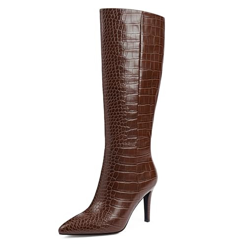 Modatope Tall Brown Boots for Women Pointed Toe High Heel Crocodile Knee High Boots Side Zipper Long Boots Size 9 | Amazon (US)