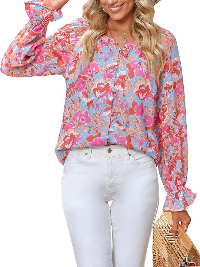 luvamia Blouses for Women Dressy Casual Button Down Blouse Floral Peasant Tops Lantern... | Amazon (US)