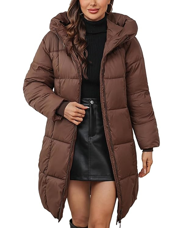 Women's Hooded Long Puffer Coat Winter Warm Full Zip Lightweight Quilted Jacket with Pockets | Amazon (US)