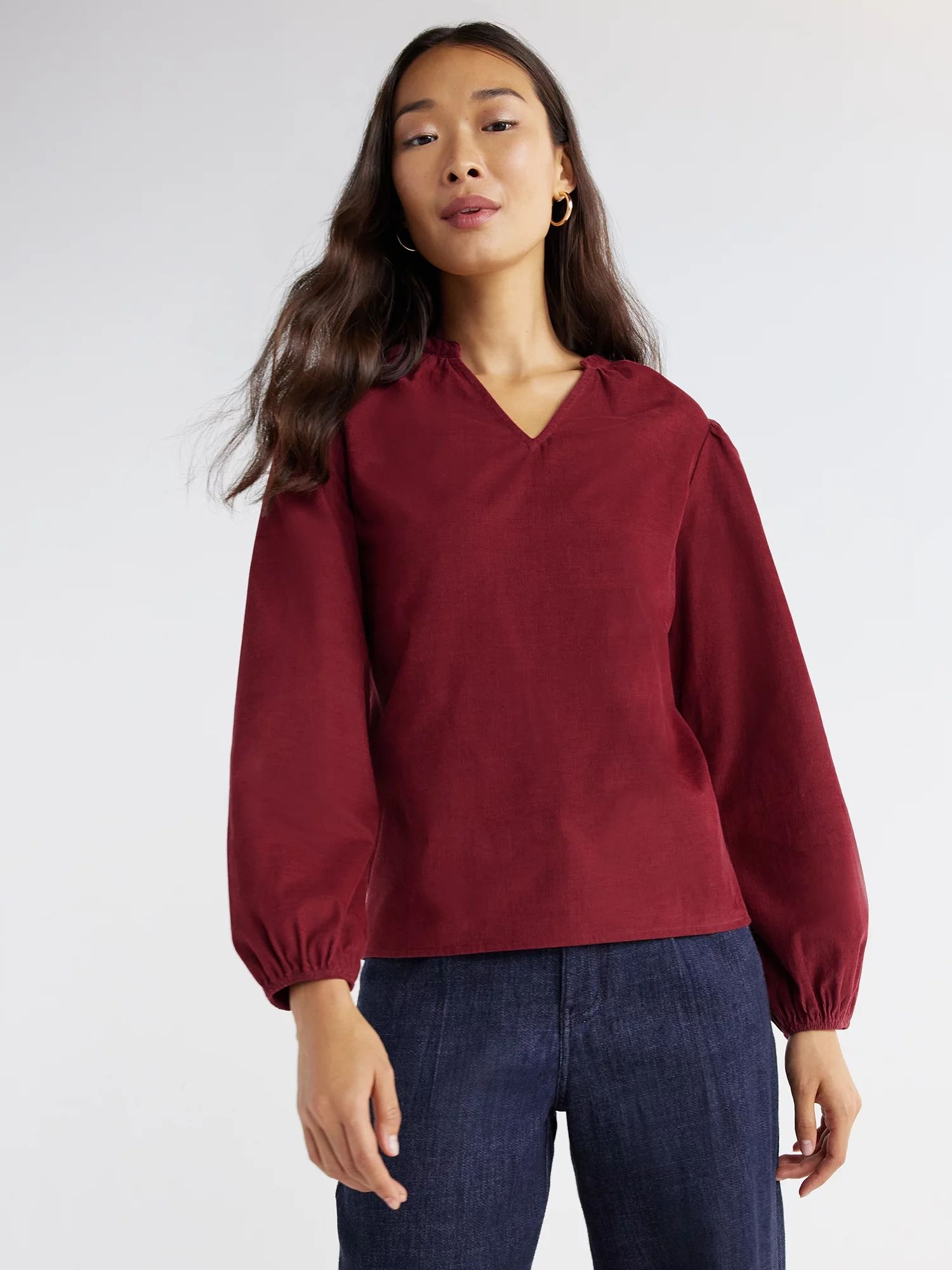 Time and Tru Women's Puff Sleeve Corduroy Top, Sizes XS-XXXL | Walmart (US)