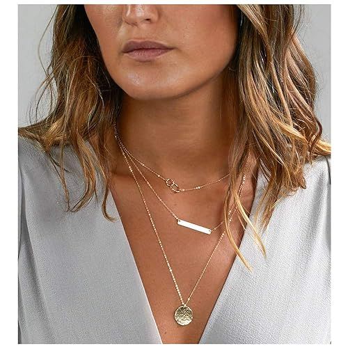 Q﹠YFH Hammered Mother Daughter Bar Coin Layered Choker Necklace for Women Dainty Handmade Multi... | Amazon (US)