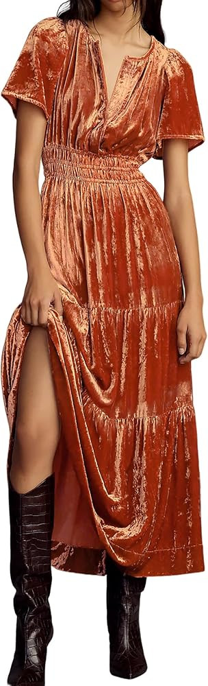 R.Vivimos Women's Fall Winter Vintage Velvet Dress Short Sleeve V Neck Elastic Waist Tiered Ruffl... | Amazon (US)