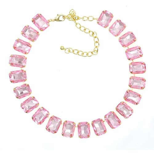 JNF Crystal Rhinestone Choker Collar Necklace For Women Colorful Gemstones Neck Chain Trendy Sparkly Statement Piece Crystal Rhinestone Bib Necklace (Pink crystal choker) | Amazon (US)