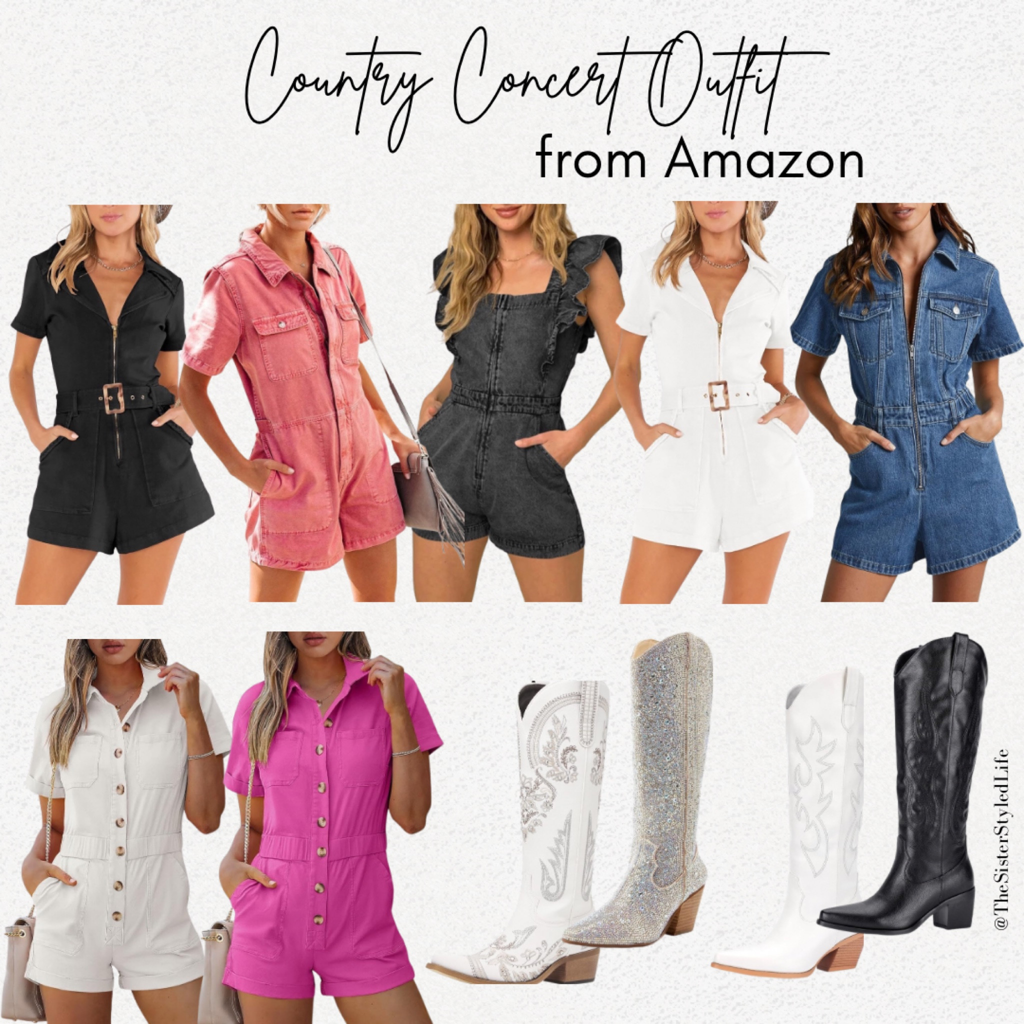 Country Concert Outfit Inspo from Amazon!
Denim, romper, belted, shorts, cowboy boots, cowgirl, western, tall boots, heeled, one piece 

#LTKover40 #LTKfindsunder100 #LTKFestival