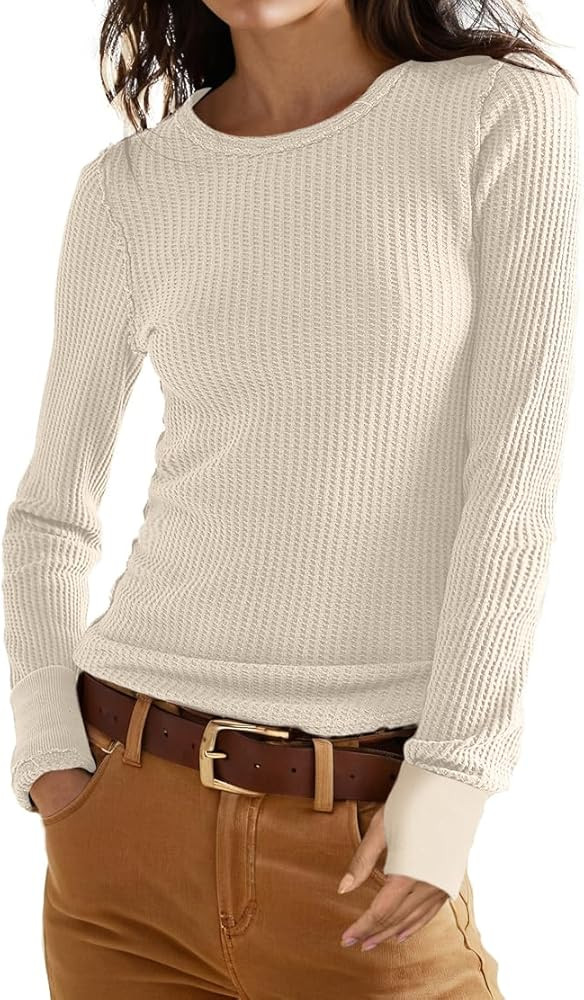 GRECERELLE Waffle Knit Long Sleeve Shirts for Women Crew Neck Slim Fitted Going Out Tops Y2k Outf... | Amazon (US)