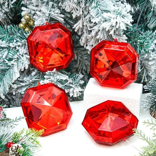 Syhood 4 Pack 5.1 Inch Jewel Ornament Acrylic Red Jewel Ornaments for Christmas Tree Glitter Chri... | Amazon (US)