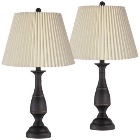 Ben Dark Bronze Metal Table Lamps with Ivory Linen Pleated Shades Set of 2 | Lamps Plus